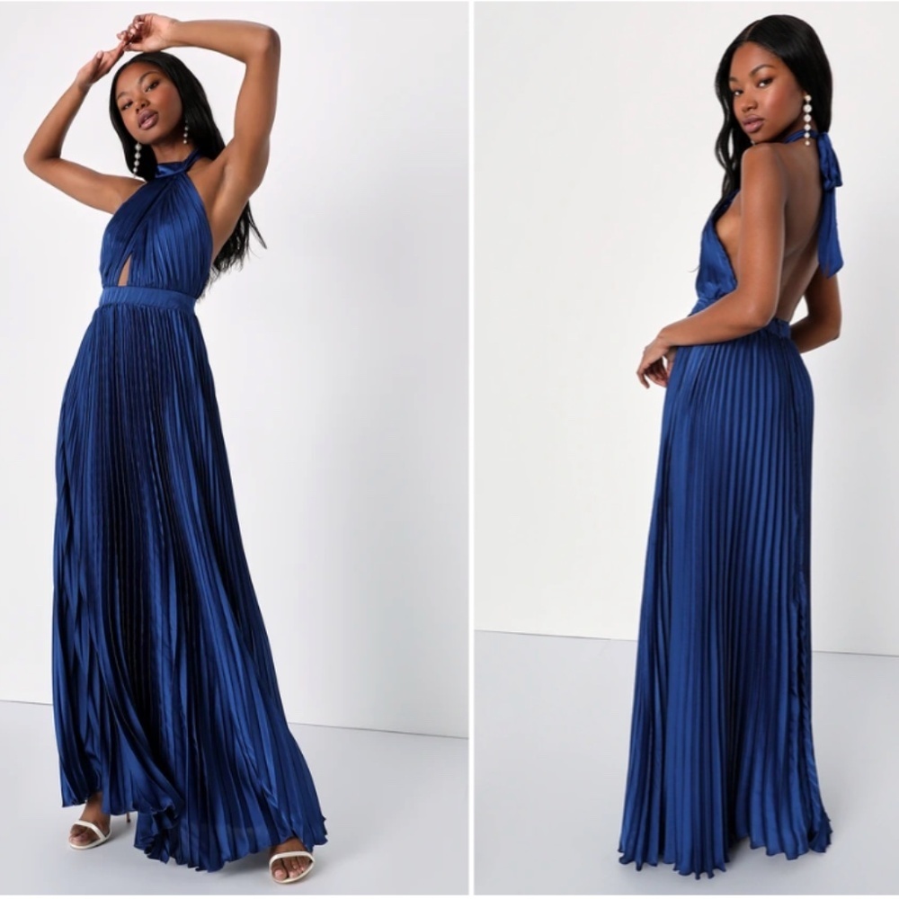 LULU's Prom Wedding Bridesmaid Pleated Satin Open Back Halter  Maxi Dress - Picture 2 of 4